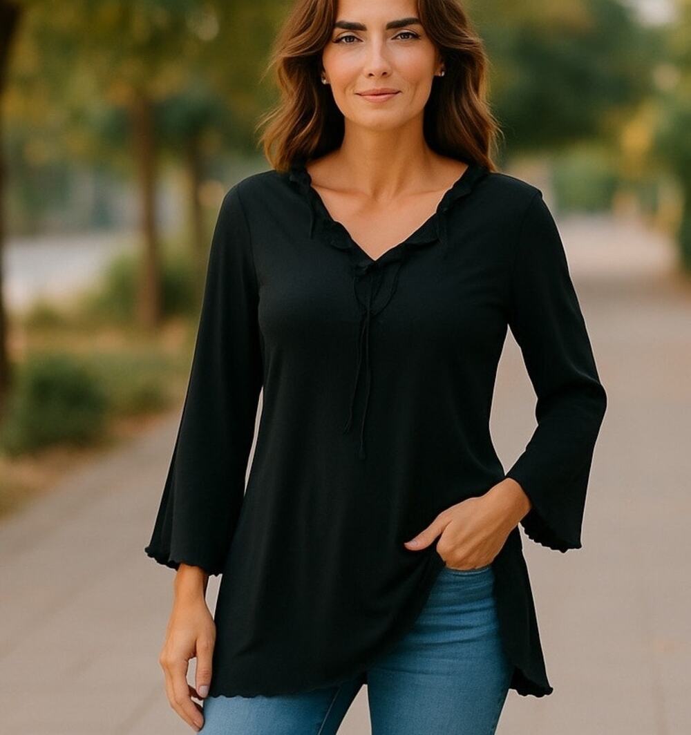 VTG Y2K Jordan Taylor Beach Tunic Top Black LG Boho Stretchy Bell Sleeve USA